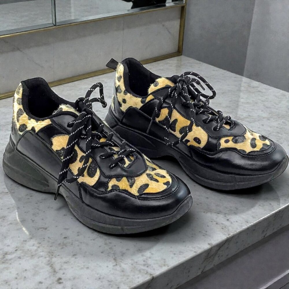 Calf Hair Leather Lace Up Women’s Leopard Print Shoes Size 9.5
